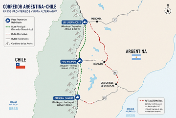 Mapa esquemático del corredor Argentina-Chile con los tres pasos fronterizos marcados (Los Libertadores, Pino Hachado y Cardenal Samoré) y la ruta alternativa destacada