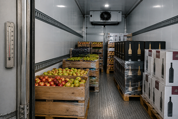 Interior de un camión con equipo de frío: pallets de fruta fresca y cajas de vino embalado listas para